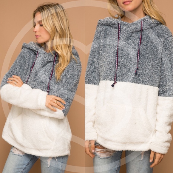 GEORGIA Color Block Faux Fur Hoodie Top - CHARCOAL - Picture 2 of 3